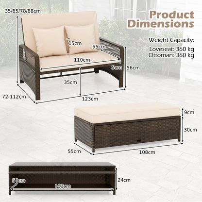 2-Piece Outdoor Wicker Loveseat Sofa Furniture with Storage Ottoman-Brown