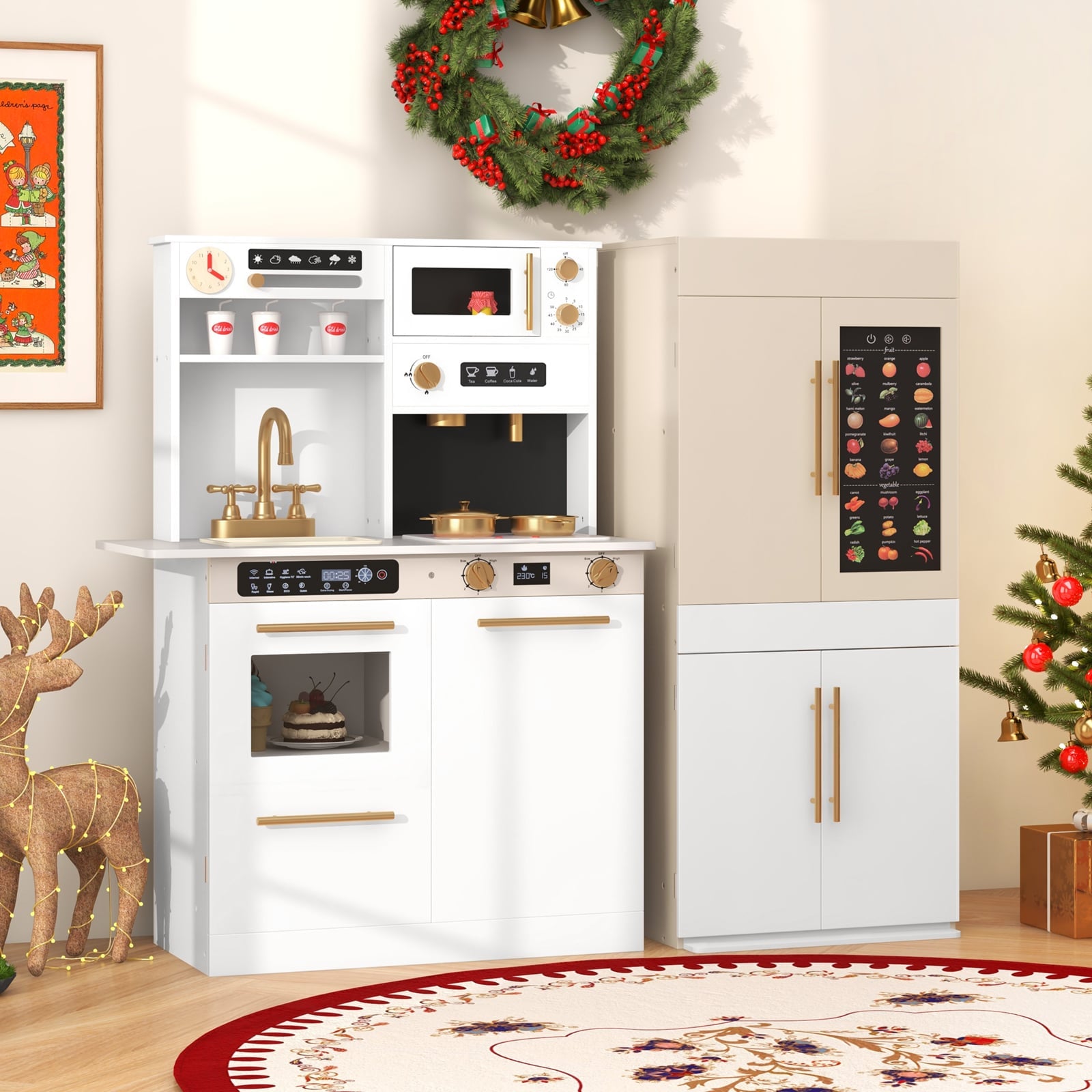2 Pieces Kids Kitchen Playset Play Kitchen Refrigerator Combination-White