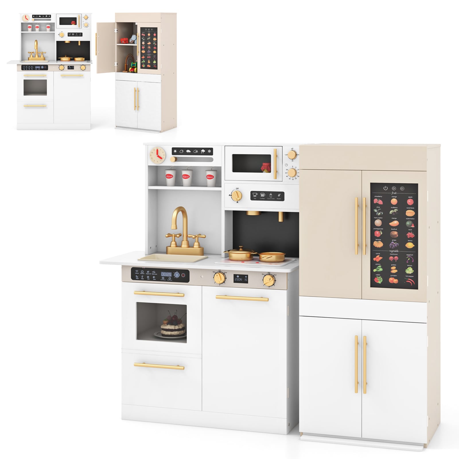 2 Pieces Kids Kitchen Playset Play Kitchen Refrigerator Combination-White