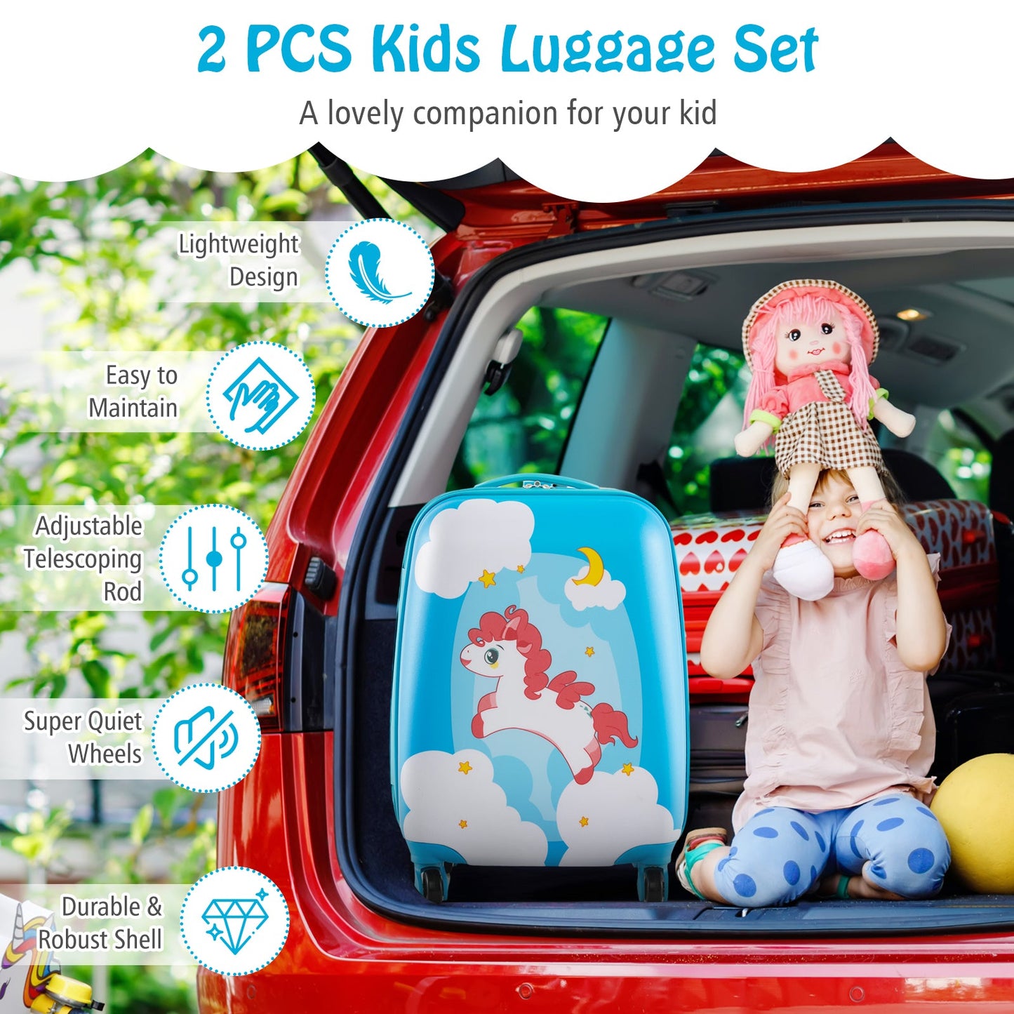 2 Pieces Kids Luggage Set with Wheels and Height Adjustable Handle-Orange