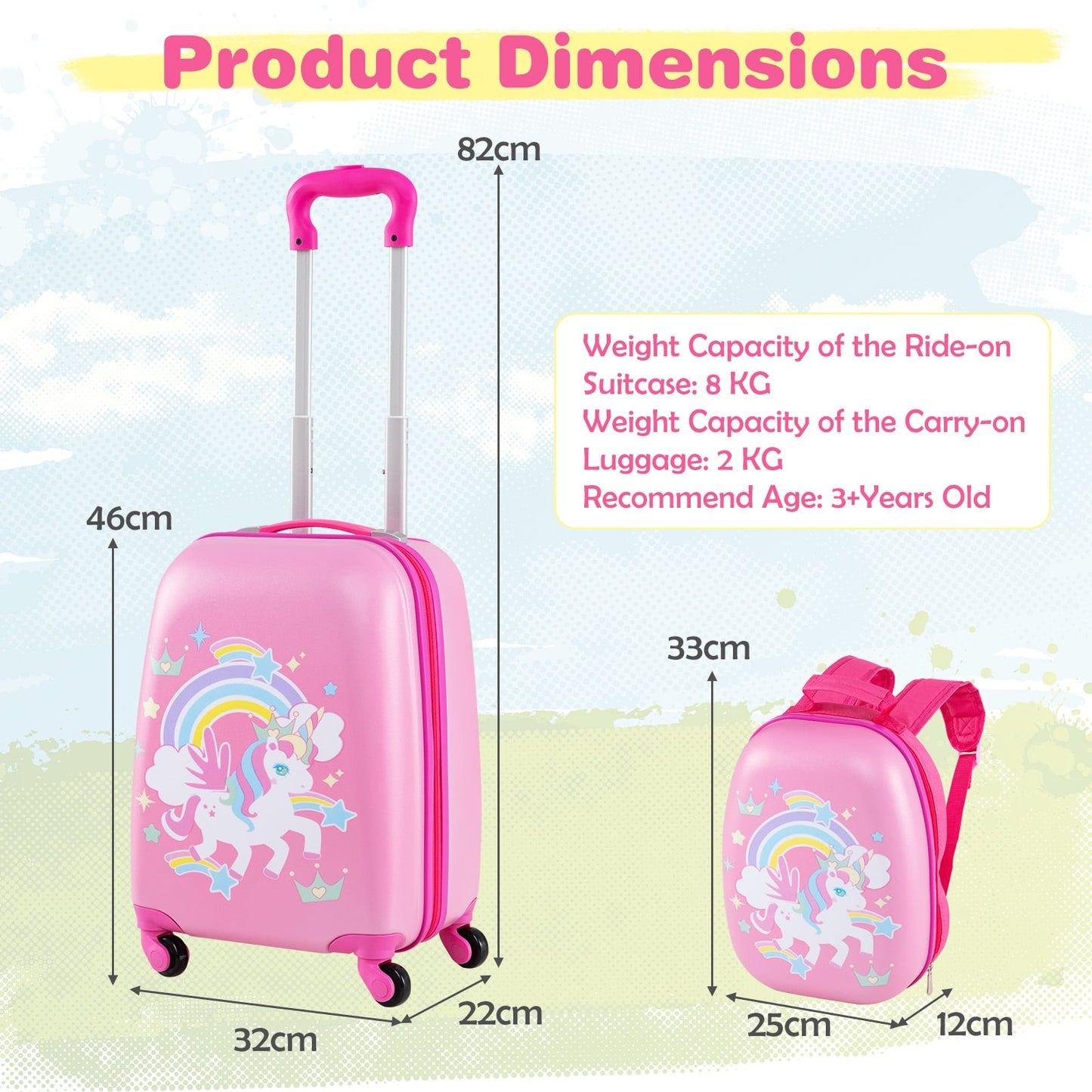 2 Pieces Kids Luggage Set with Wheels and Height Adjustable Handle-Rose