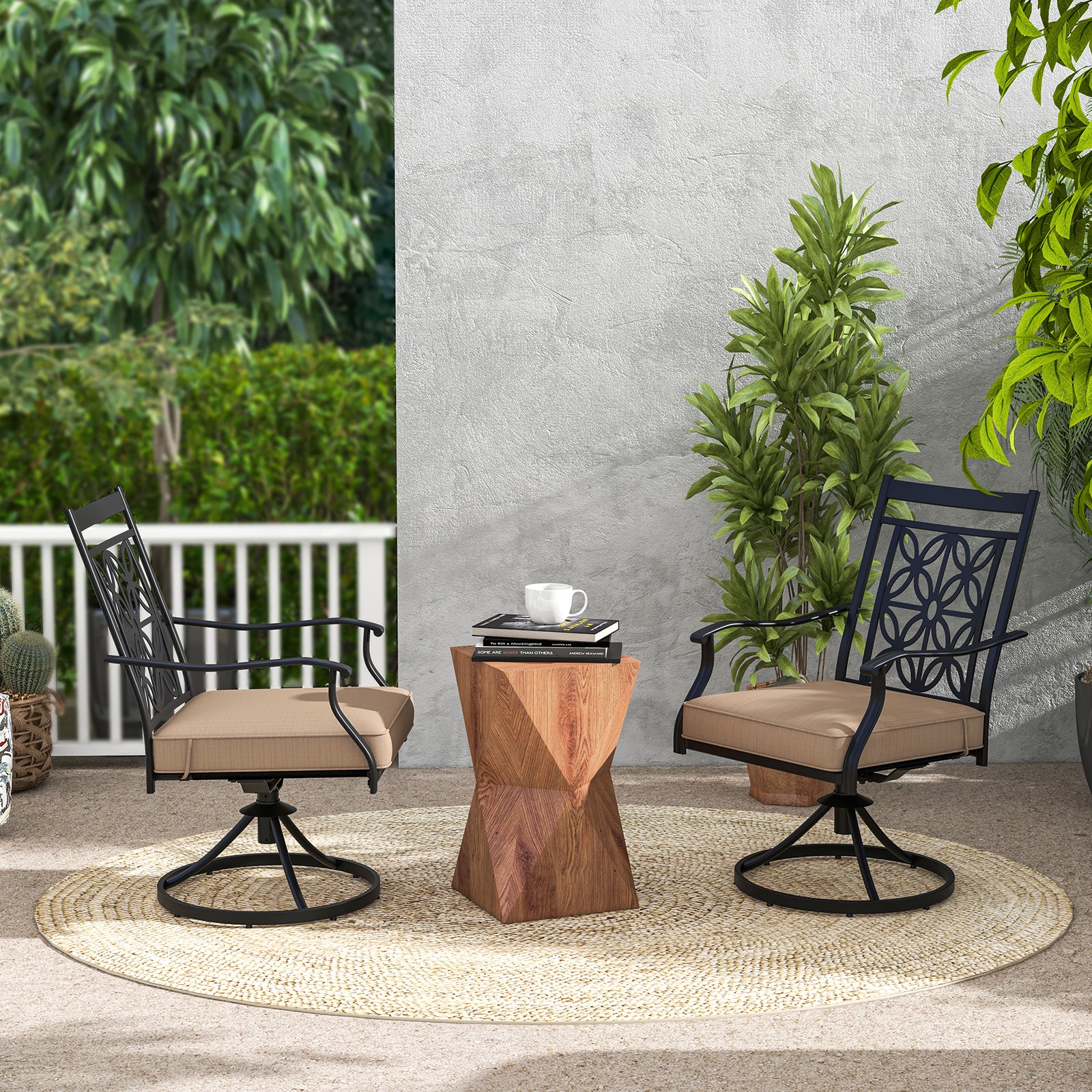2 Pieces Outdoor Bistro Dining Chair Set Swivel Chairs with Blossom Pattern Backrest-Khaki