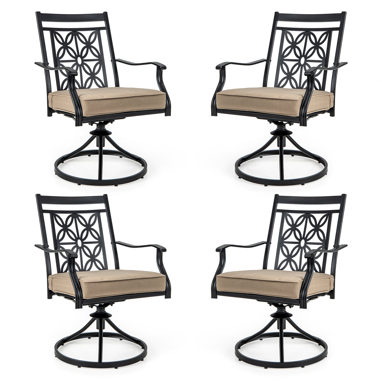 2 Pieces Outdoor Bistro Dining Chair Set Swivel Chairs with Blossom Pattern Backrest-Khaki