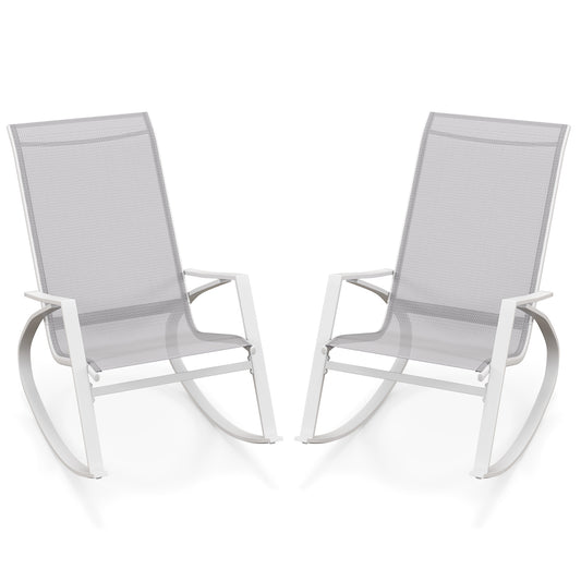 2 Pieces Patio Rocking Chairs with Ergonomic Backrest and Safe Stoppers-Grey