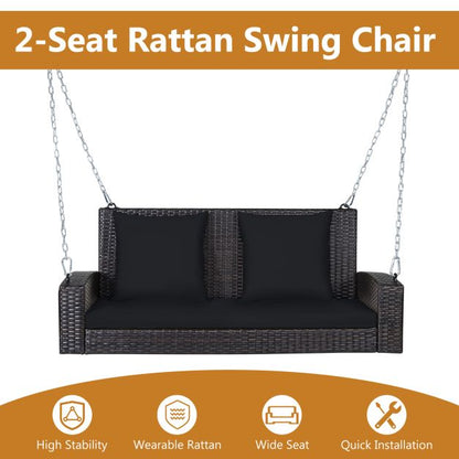 2-Seat Patio Rattan Porch Swing with Two Solid Steel Chains-Black