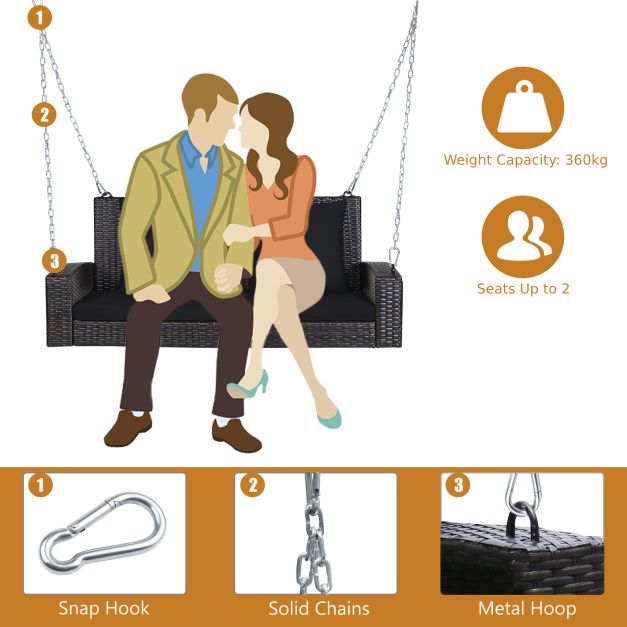 2-Seat Patio Rattan Porch Swing with Two Solid Steel Chains-Black