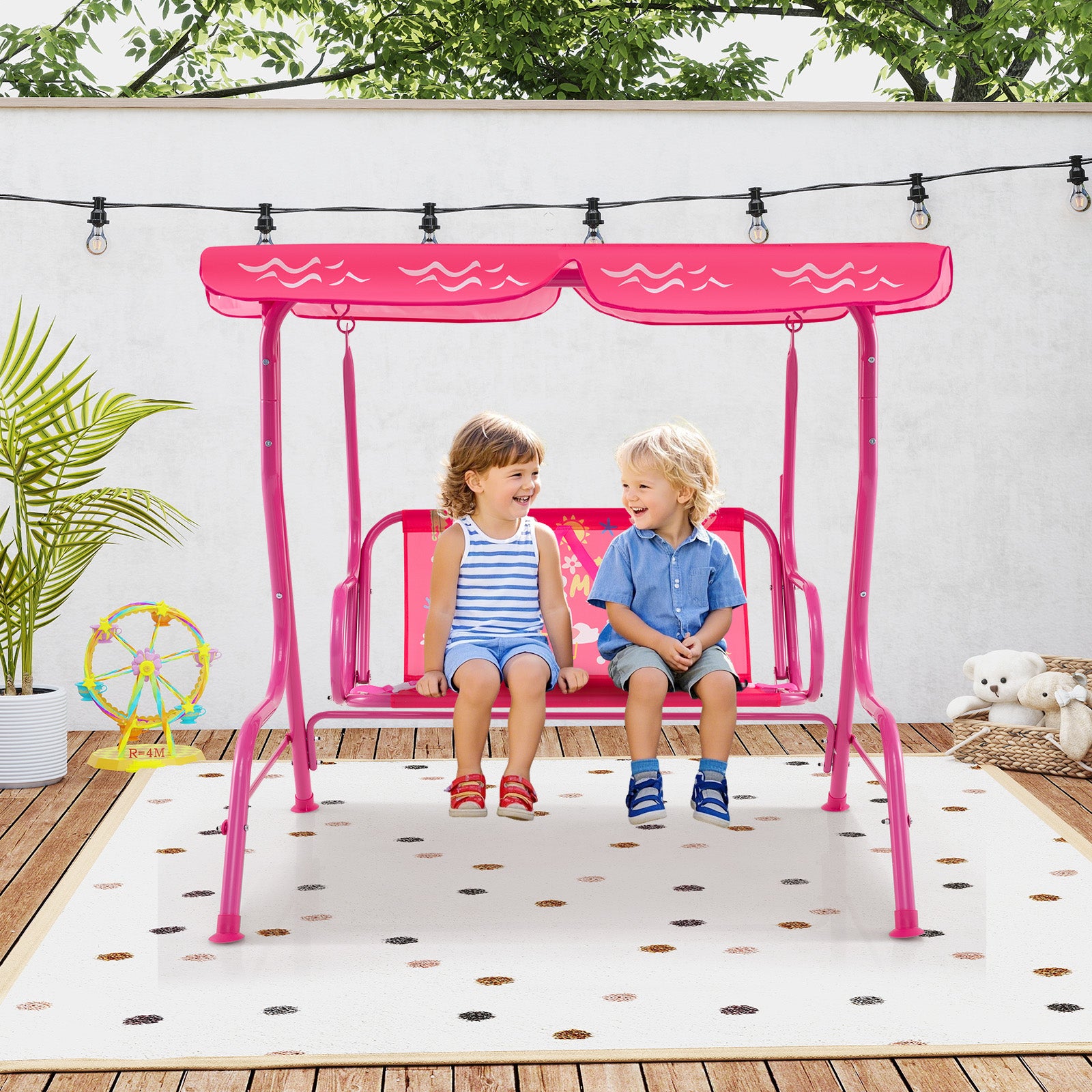 2-Seater Kids Patio Swing Chair with Adjustable Canopy and Safety Belt-Pink