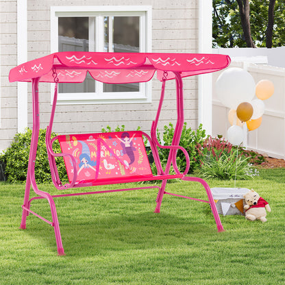 2-Seater Kids Patio Swing Chair with Adjustable Canopy and Safety Belt-Pink