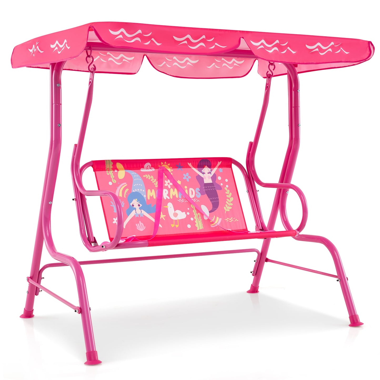 2-Seater Kids Patio Swing Chair with Adjustable Canopy and Safety Belt-Pink
