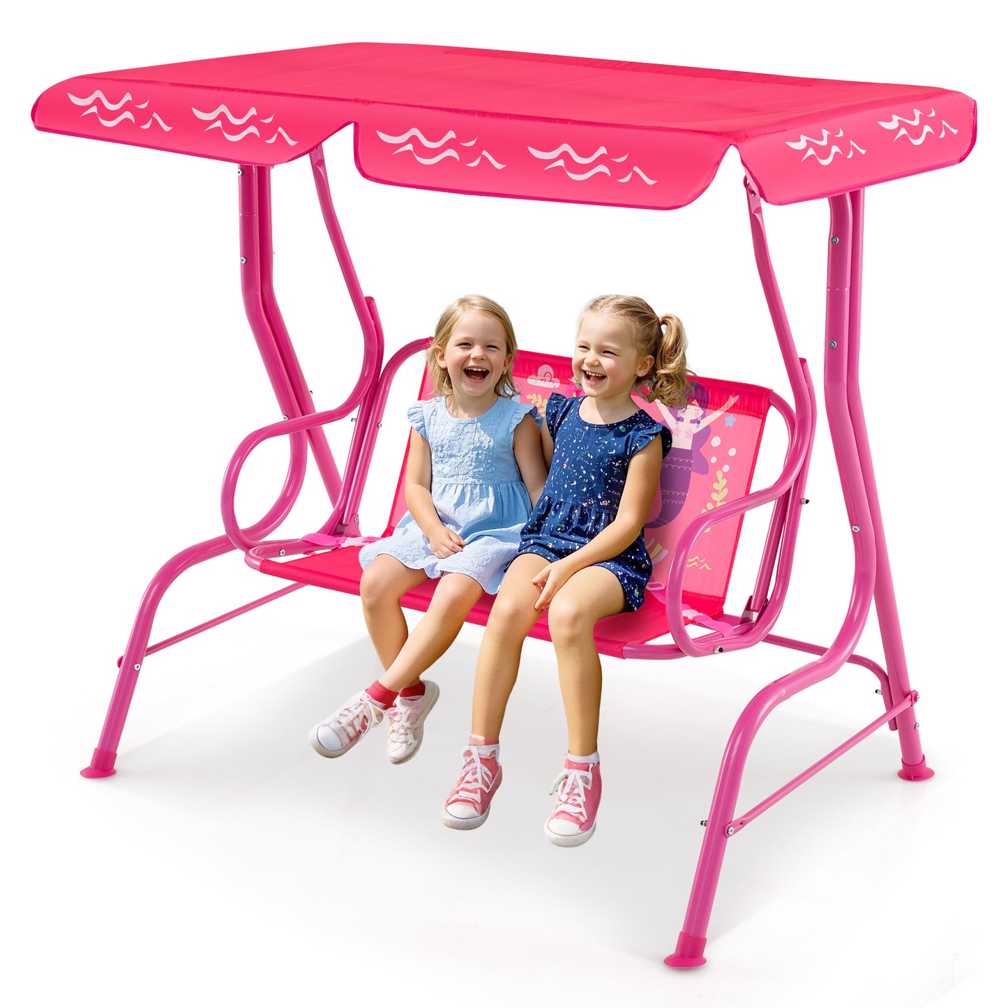 2-Seater Kids Patio Swing Chair with Adjustable Canopy and Safety Belt-Pink