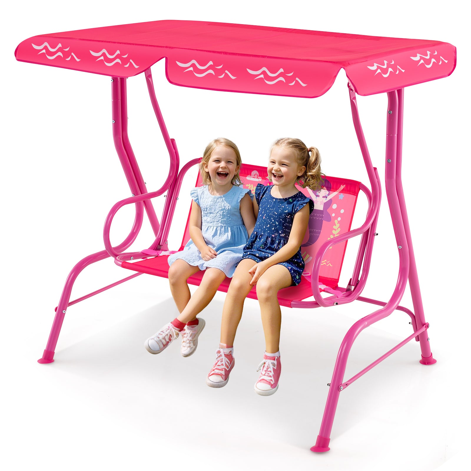 2-Seater Kids Patio Swing Chair with Adjustable Canopy and Safety Belt-Pink