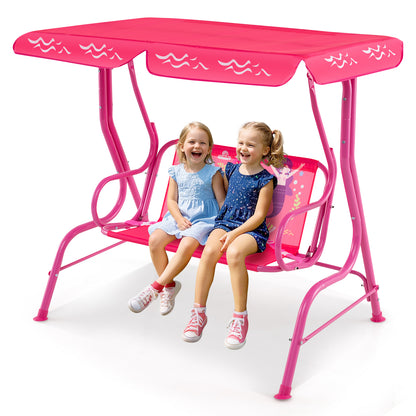 2-Seater Kids Patio Swing Chair with Adjustable Canopy and Safety Belt-Pink
