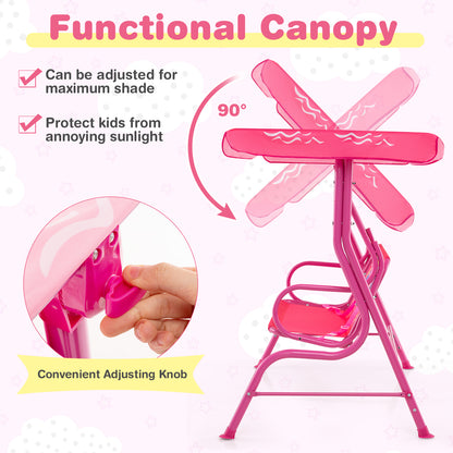 2-Seater Kids Patio Swing Chair with Adjustable Canopy and Safety Belt-Pink