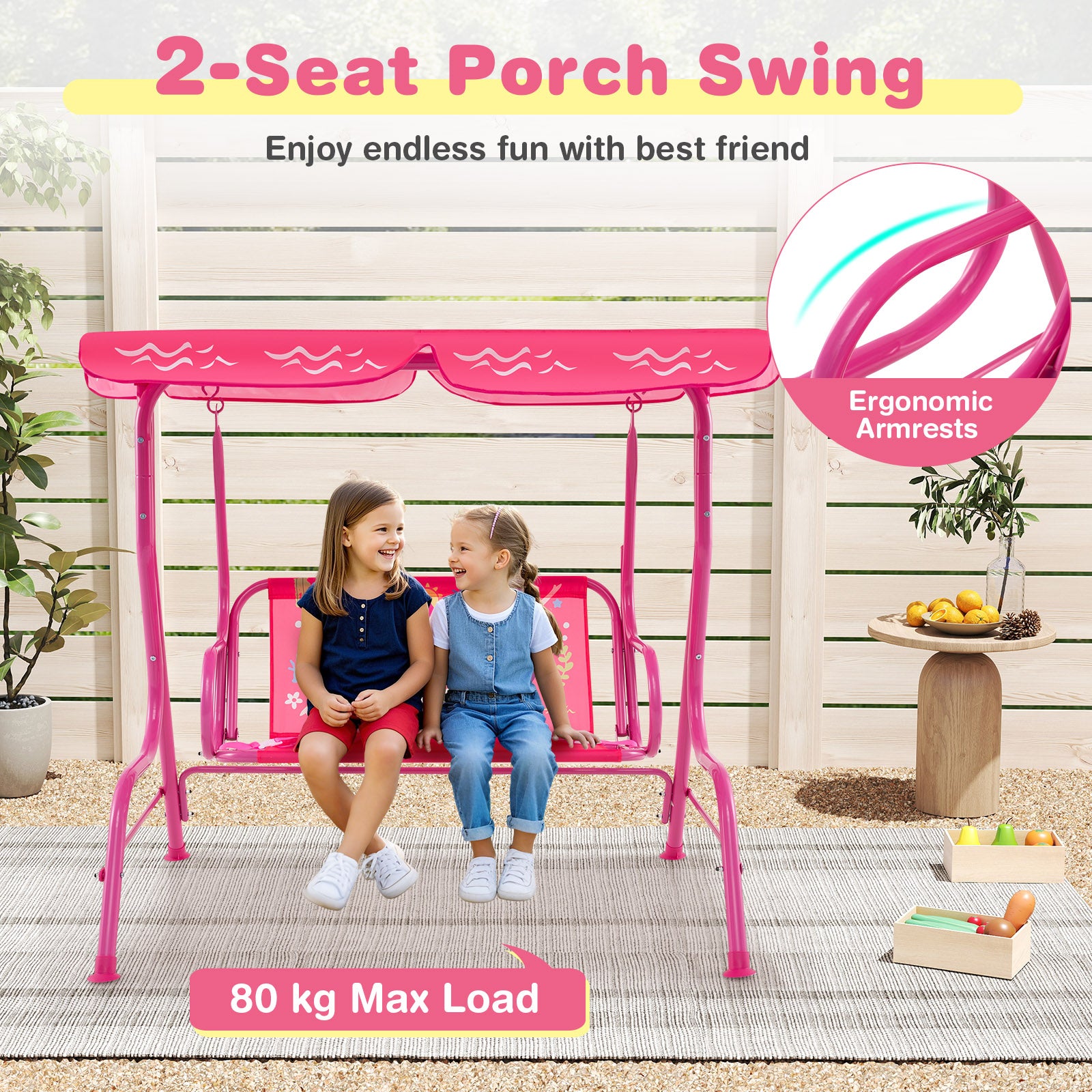 2-Seater Kids Patio Swing Chair with Adjustable Canopy and Safety Belt-Pink