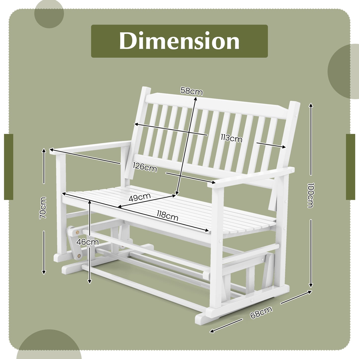 2 Seats Outdoor Glider Bench with Armrests and Slatted Seat-White