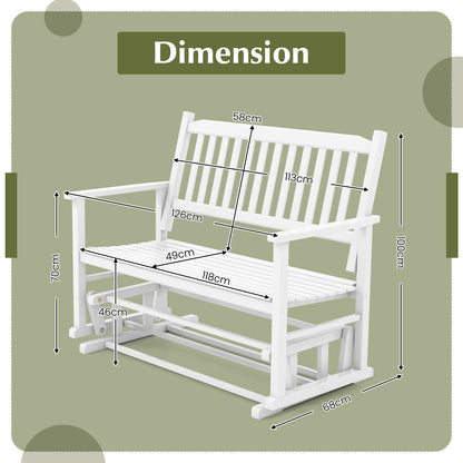 2 Seats Outdoor Glider Bench with Armrests and Slatted Seat-White