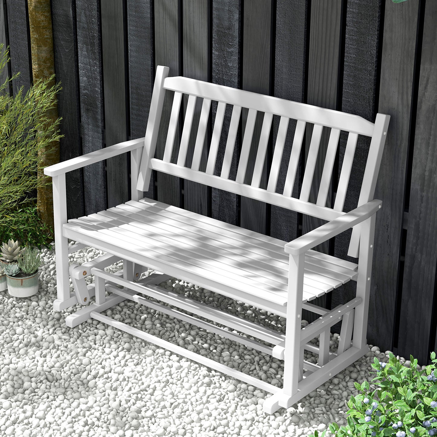 2 Seats Outdoor Glider Bench with Armrests and Slatted Seat-White