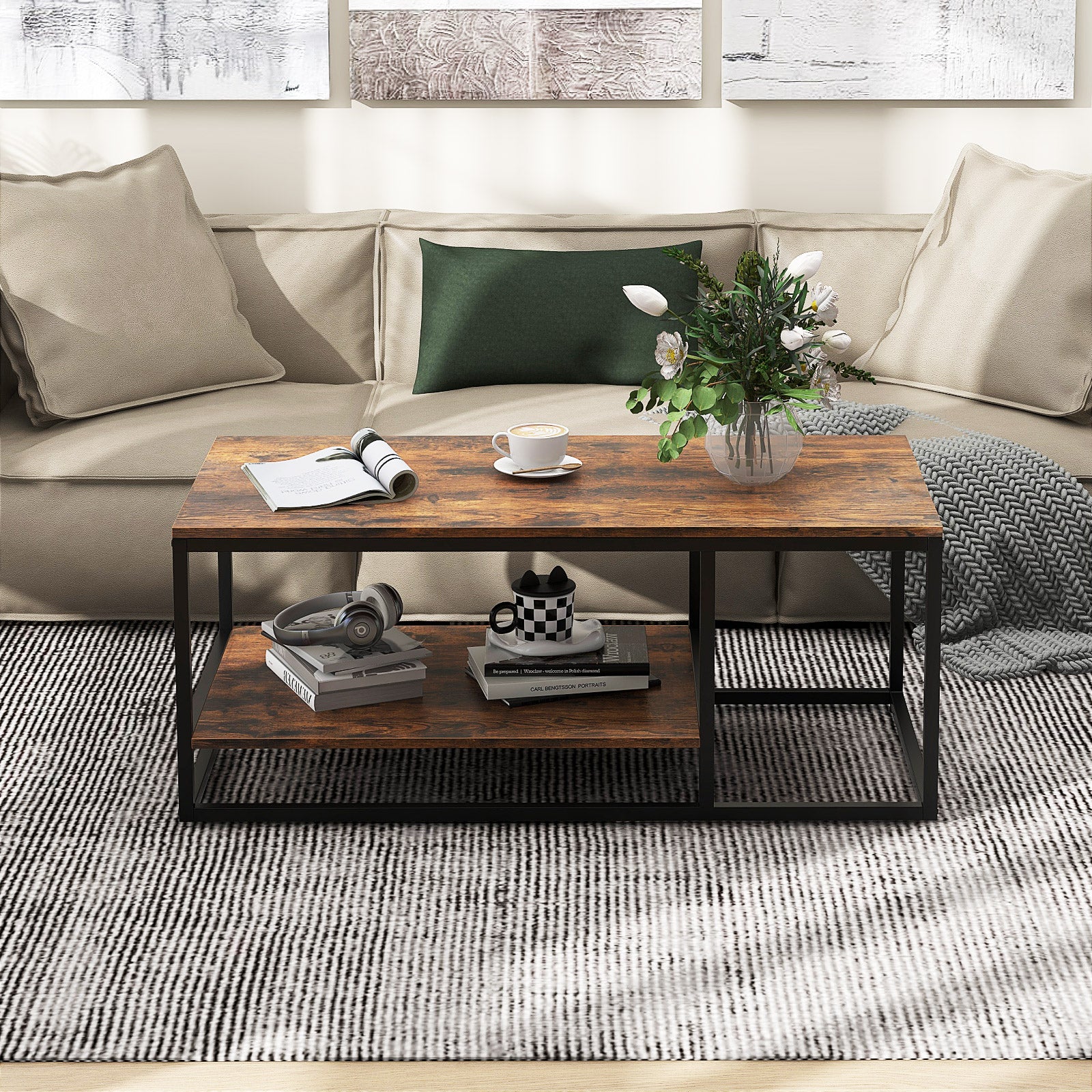 2-Tier 105 cm Industrial Wood Accent Coffee Center Table for Living Room-Rustic Brown