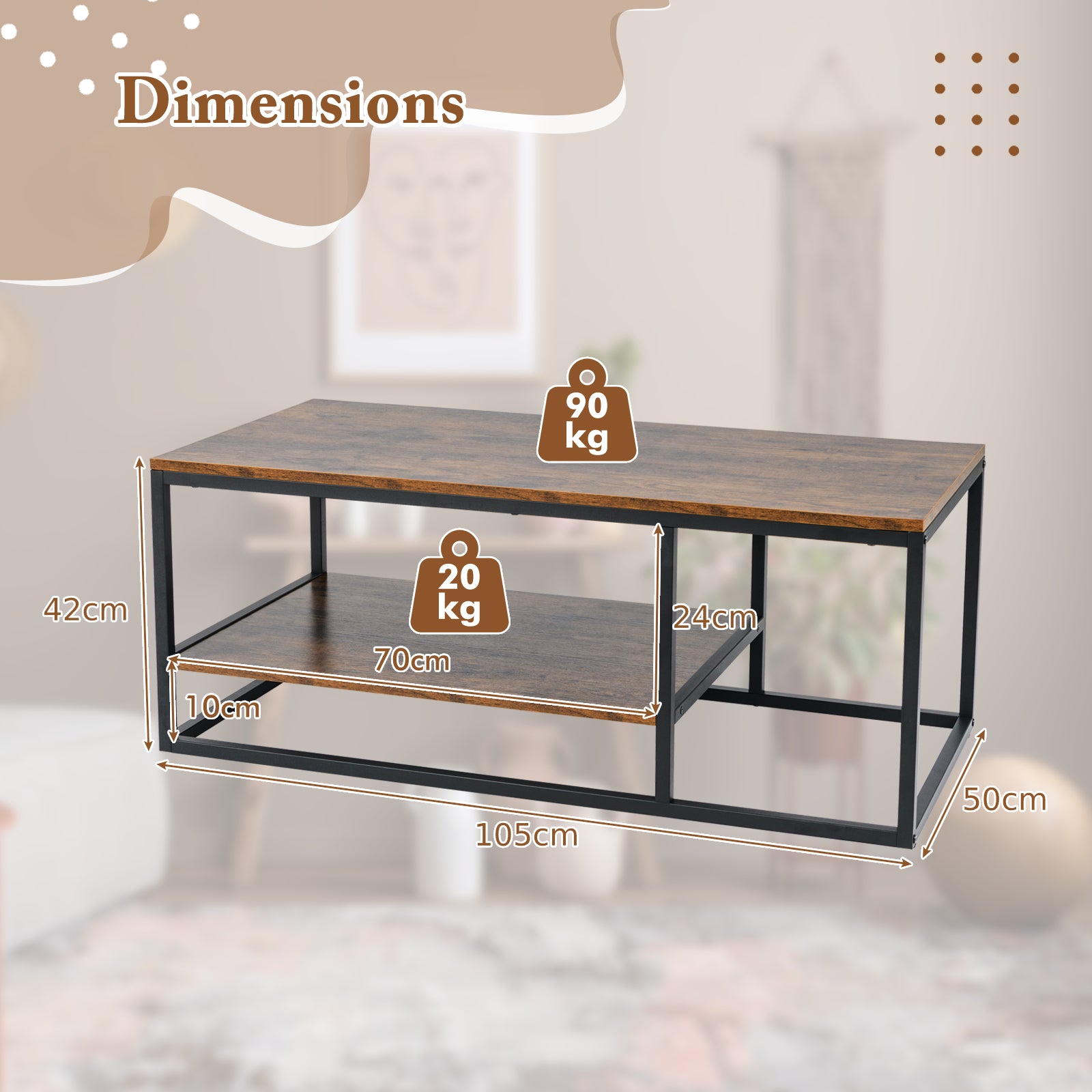 2-Tier 105 cm Industrial Wood Accent Coffee Center Table for Living Room-Rustic Brown