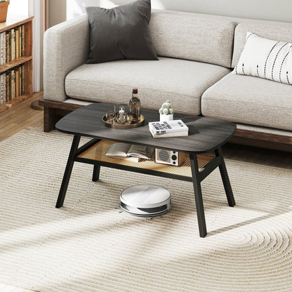 2-Tier Coffee Table with Rattan Storage Shelf and Rubber Wood Legs-Black