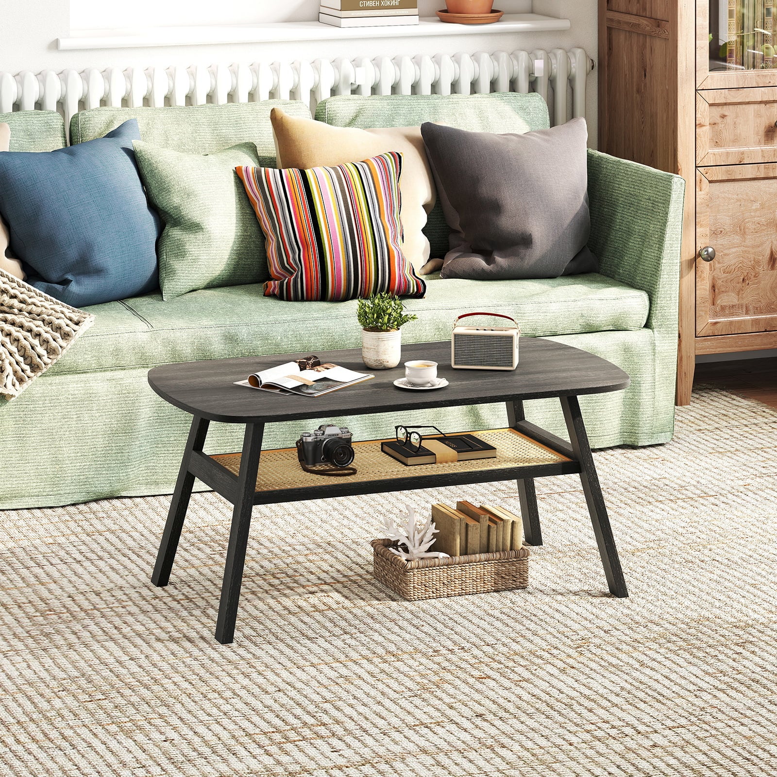 2-Tier Coffee Table with Rattan Storage Shelf and Rubber Wood Legs-Black