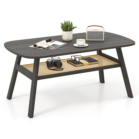2-Tier Coffee Table with Rattan Storage Shelf and Rubber Wood Legs-Black