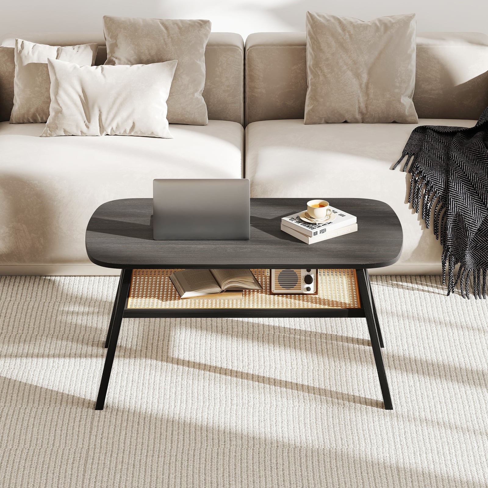 2-Tier Coffee Table with Rattan Storage Shelf and Rubber Wood Legs-Black