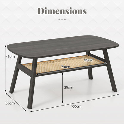 2-Tier Coffee Table with Rattan Storage Shelf and Rubber Wood Legs-Black