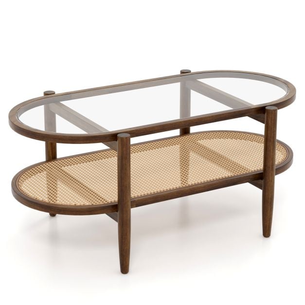 Coffee table side table with glass table top & rattan shelf 102 x 56 x 47 cm brown