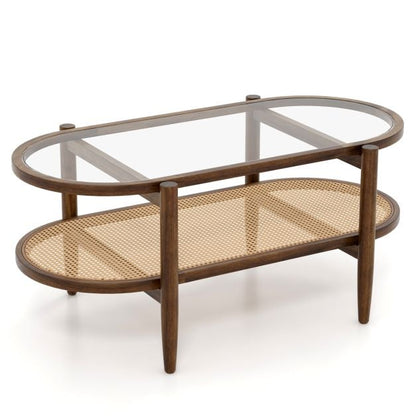 Coffee table side table with glass table top &amp; rattan shelf 102 x 56 x 47 cm brown