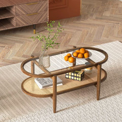Coffee table side table with glass table top & rattan shelf 102 x 56 x 47 cm brown