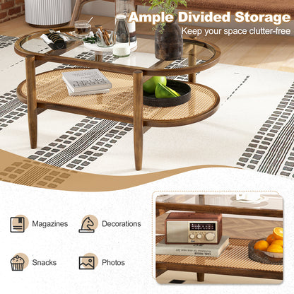 2-Tier PE Rattan Coffee Table with Storage-Brown