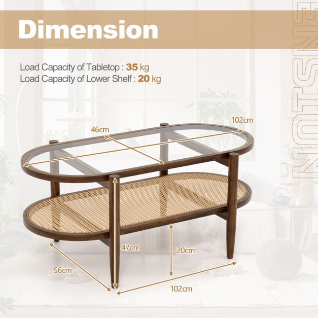 Coffee table side table with glass table top & rattan shelf 102 x 56 x 47 cm brown