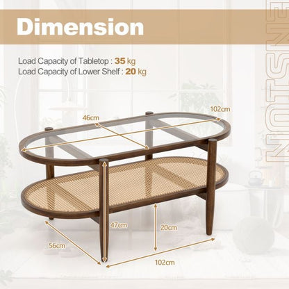 Coffee table side table with glass table top & rattan shelf 102 x 56 x 47 cm brown