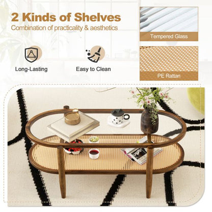 Coffee table side table with glass table top &amp; rattan shelf 102 x 56 x 47 cm brown