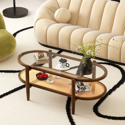 Coffee table side table with glass table top & rattan shelf 102 x 56 x 47 cm brown
