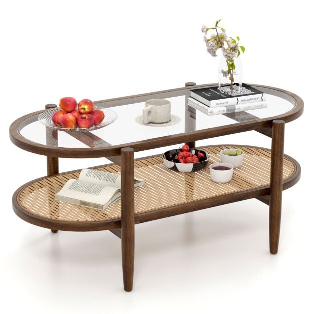 Coffee table side table with glass table top & rattan shelf 102 x 56 x 47 cm brown