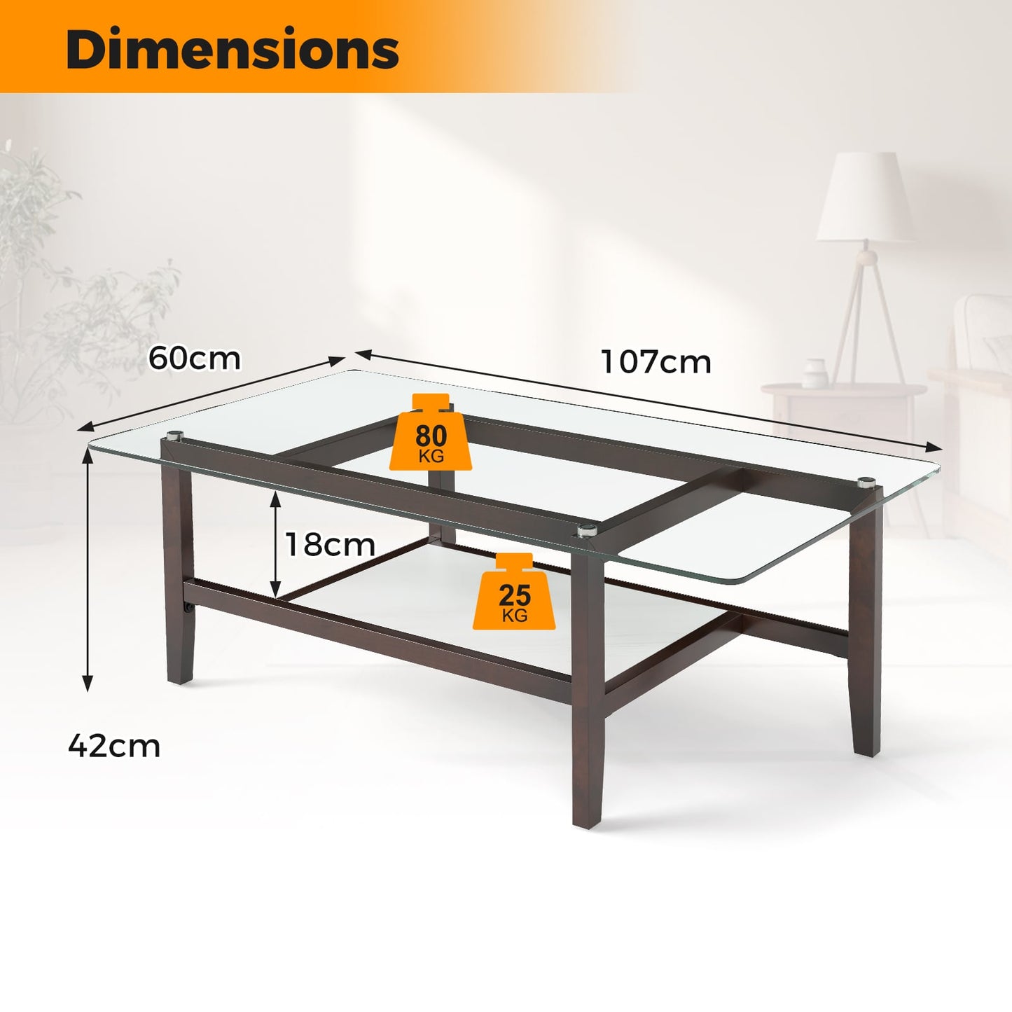 2-Tier Coffee Table with Storage Shelf and Solid Rubber Wood Legs-Brown