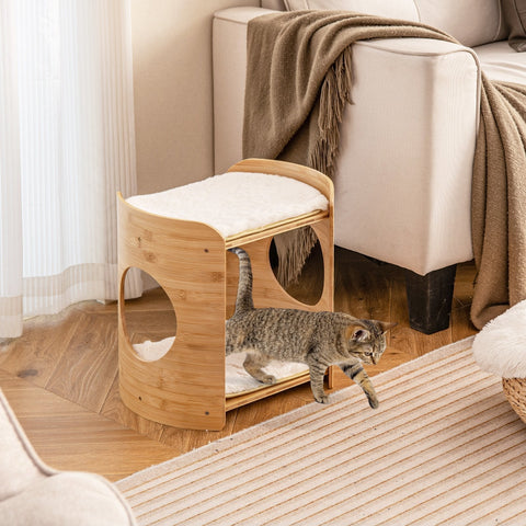 2-Tier Elevated Cat Bed Cat Tower with Natural Bamboo Frame-Natural & White