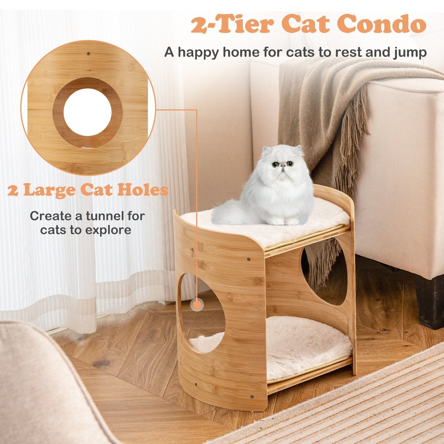 2-Tier Elevated Cat Bed Cat Tower with Natural Bamboo Frame-Natural &amp; White