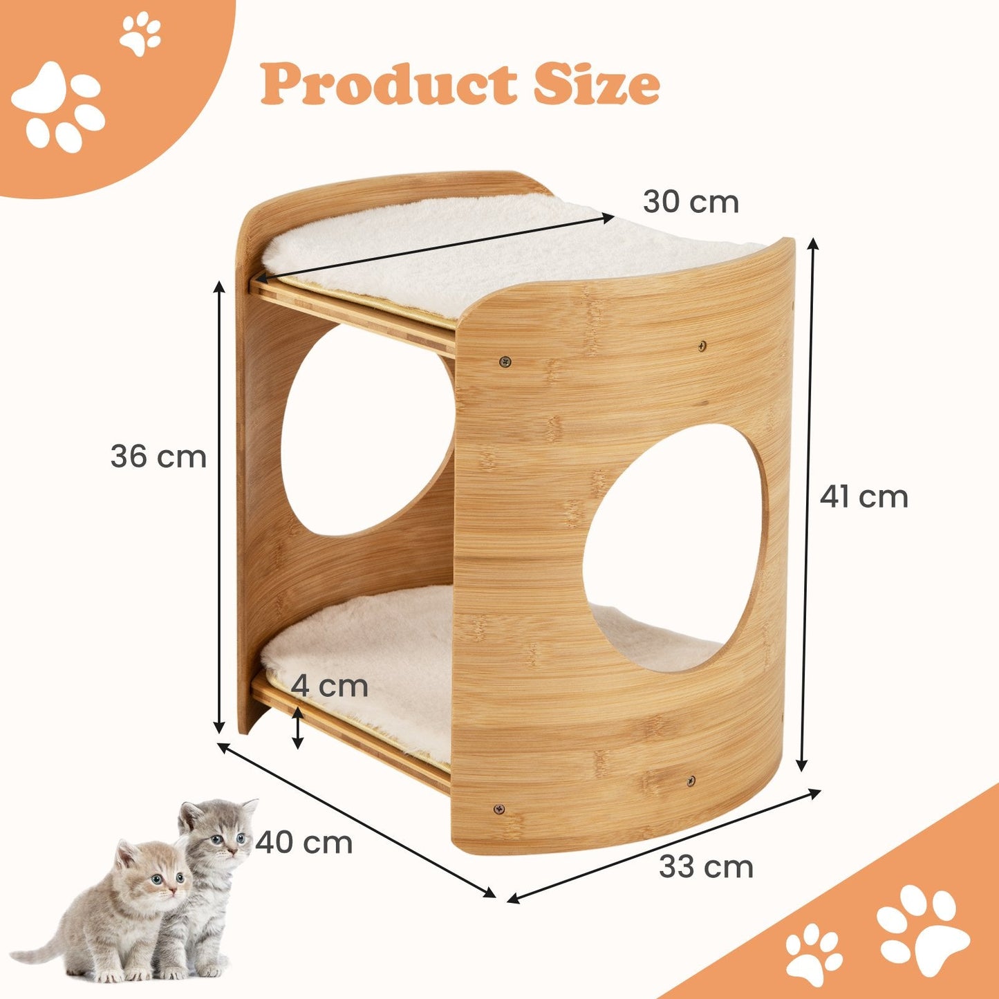 2-Tier Elevated Cat Bed Cat Tower with Natural Bamboo Frame-Natural &amp; White
