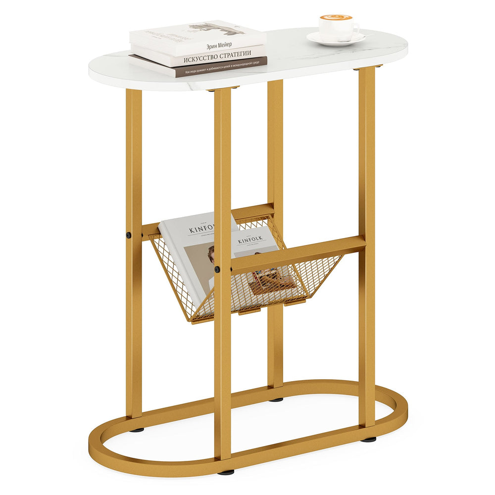2-Tier Narrow Side Table with Magazine Holder for Living Room Bedroom-White