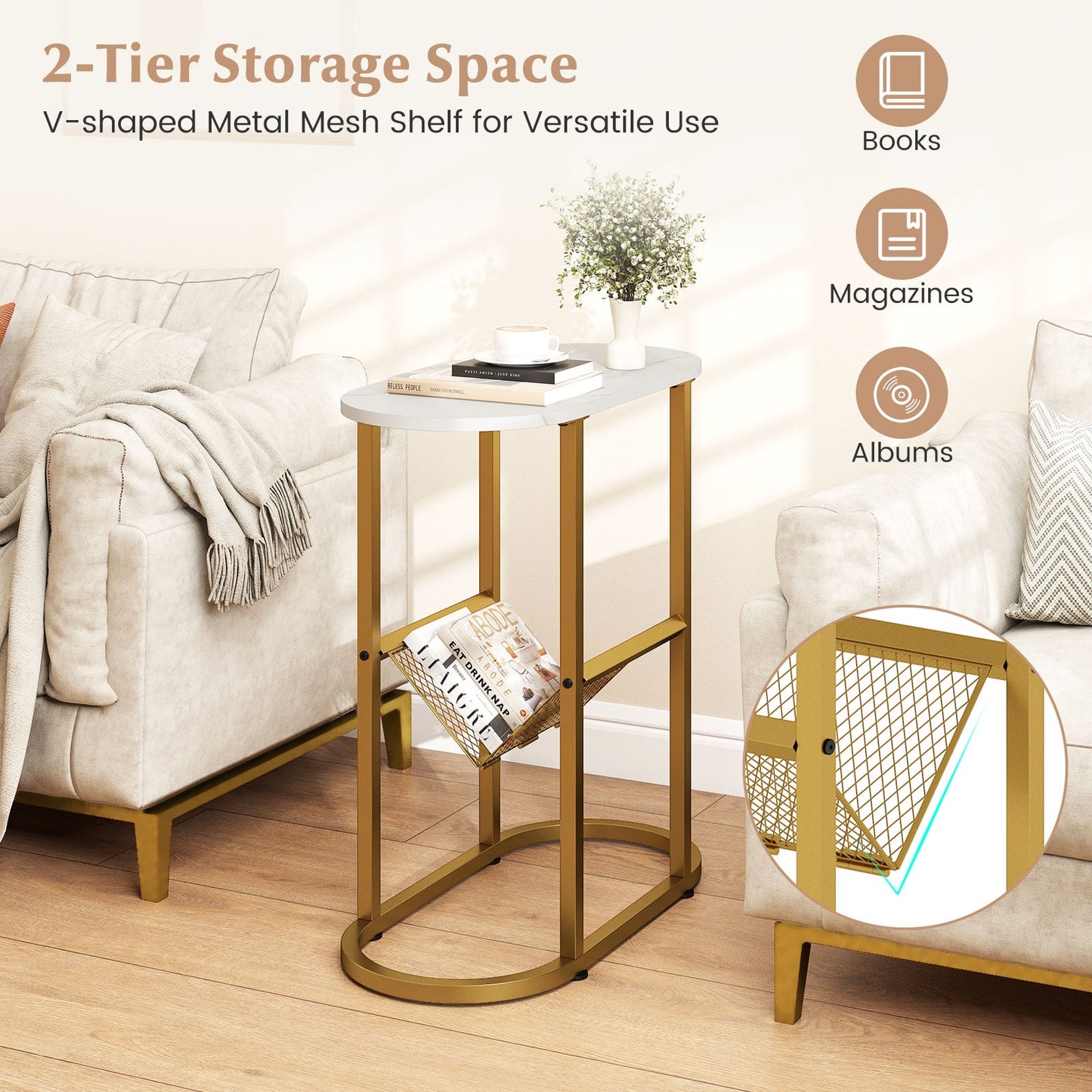 2-Tier Narrow Side Table with Magazine Holder for Living Room Bedroom-White