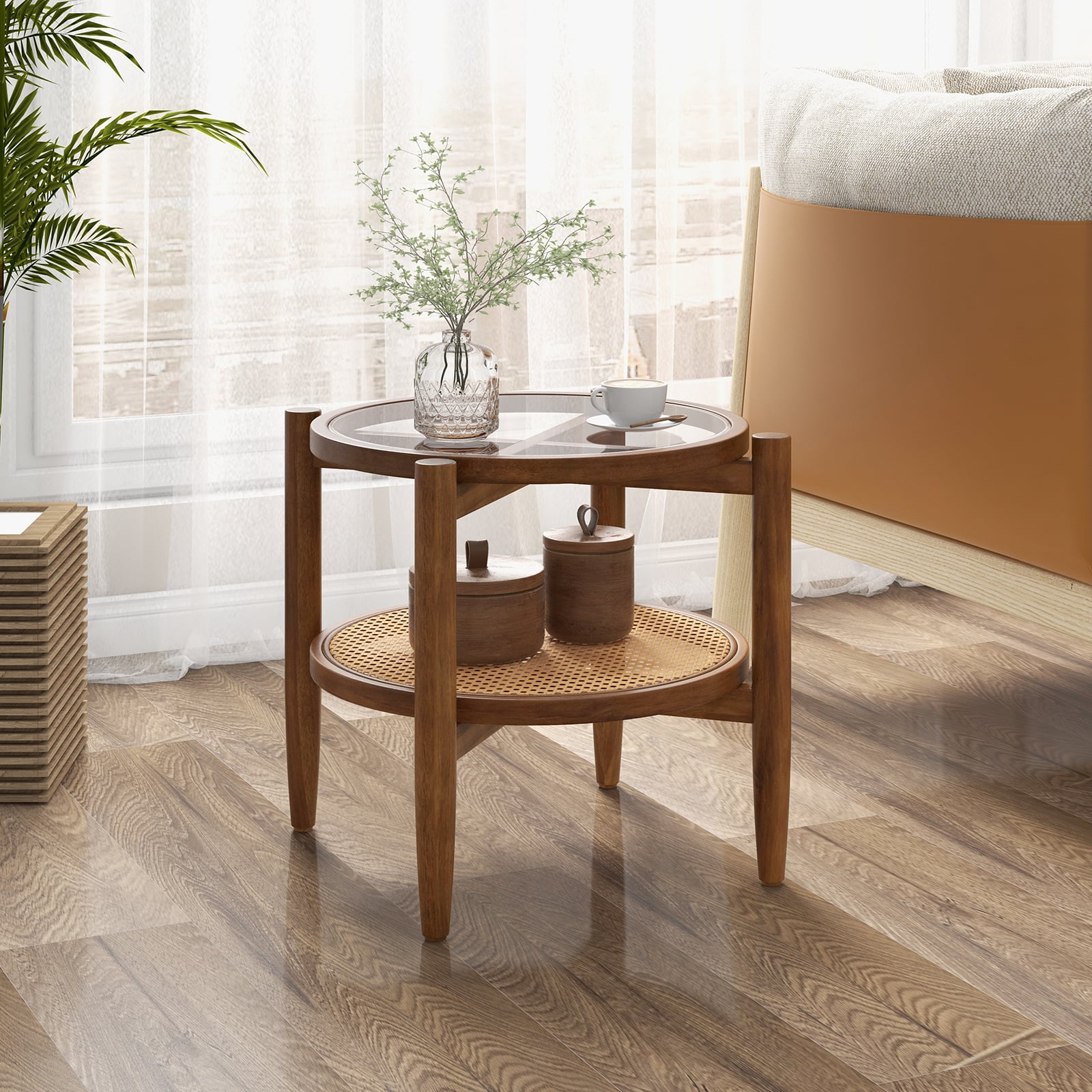 2-Tier PE Rattan Round Side End Table with Tempered Glass Tabletop
