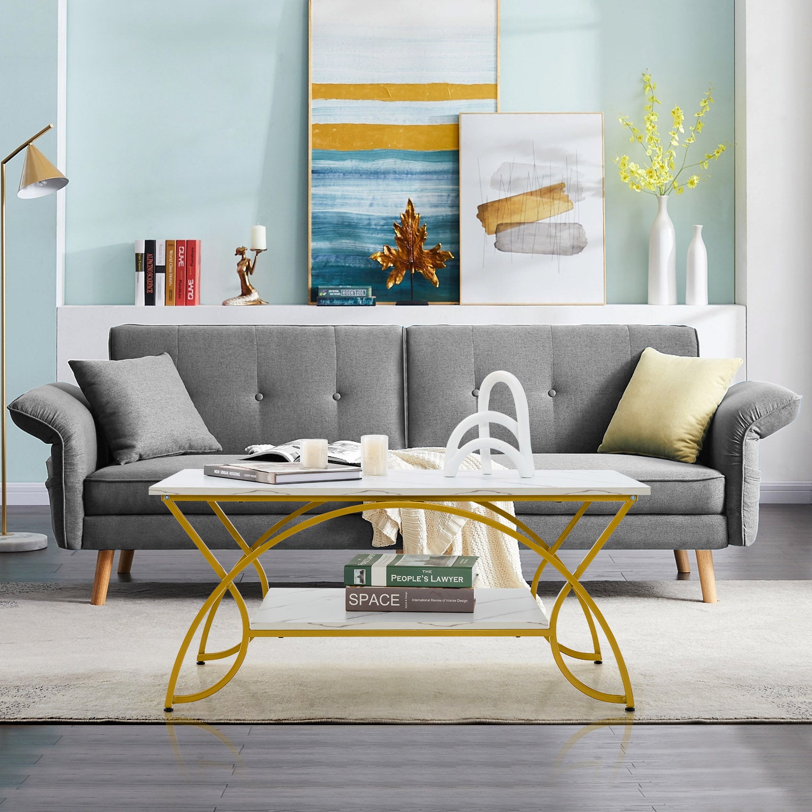 2-Tier Faux Marble Coffee Table with Golden Metal Frame-White