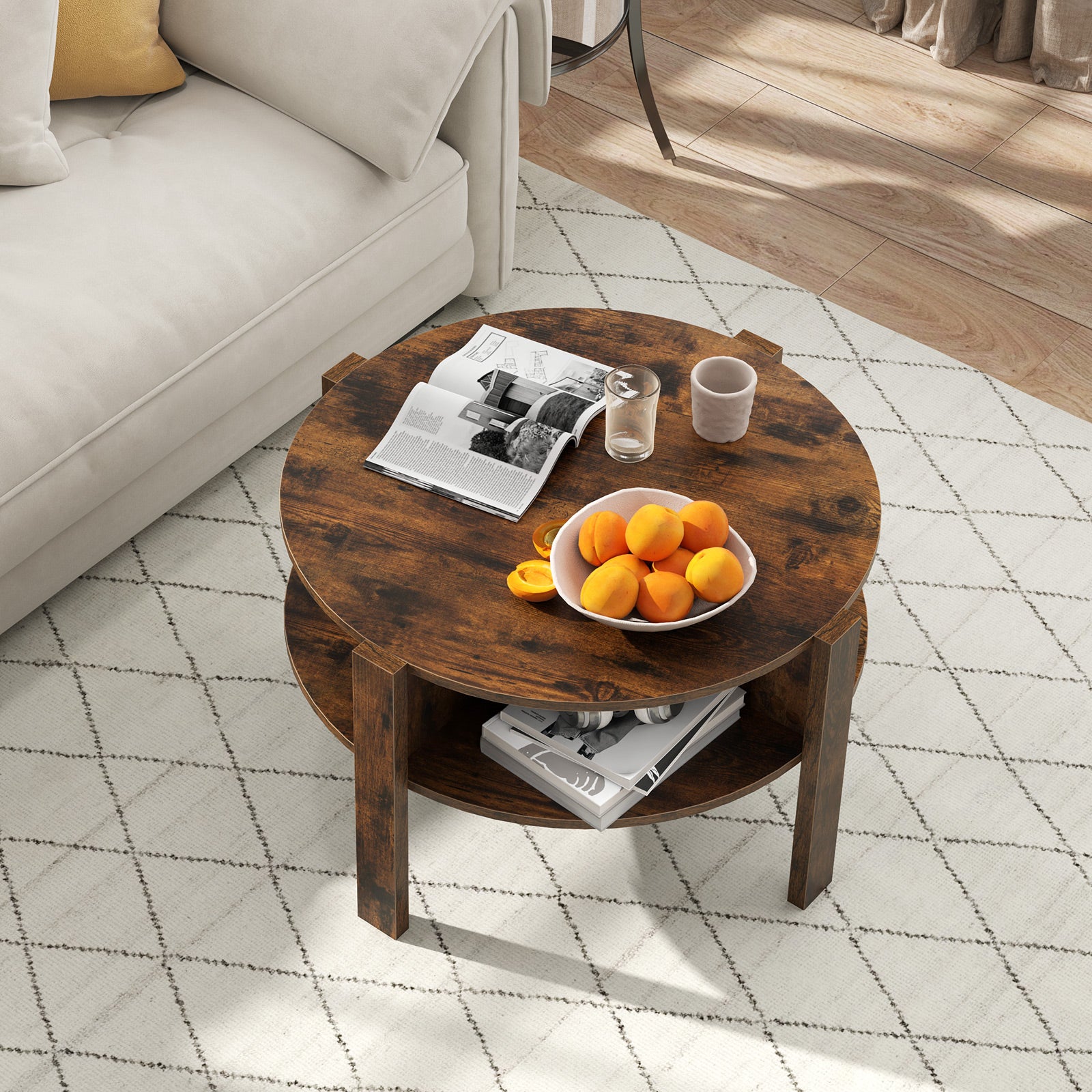 2-Tier Round Coffee Table with 4 Shelves-Rustic Brown