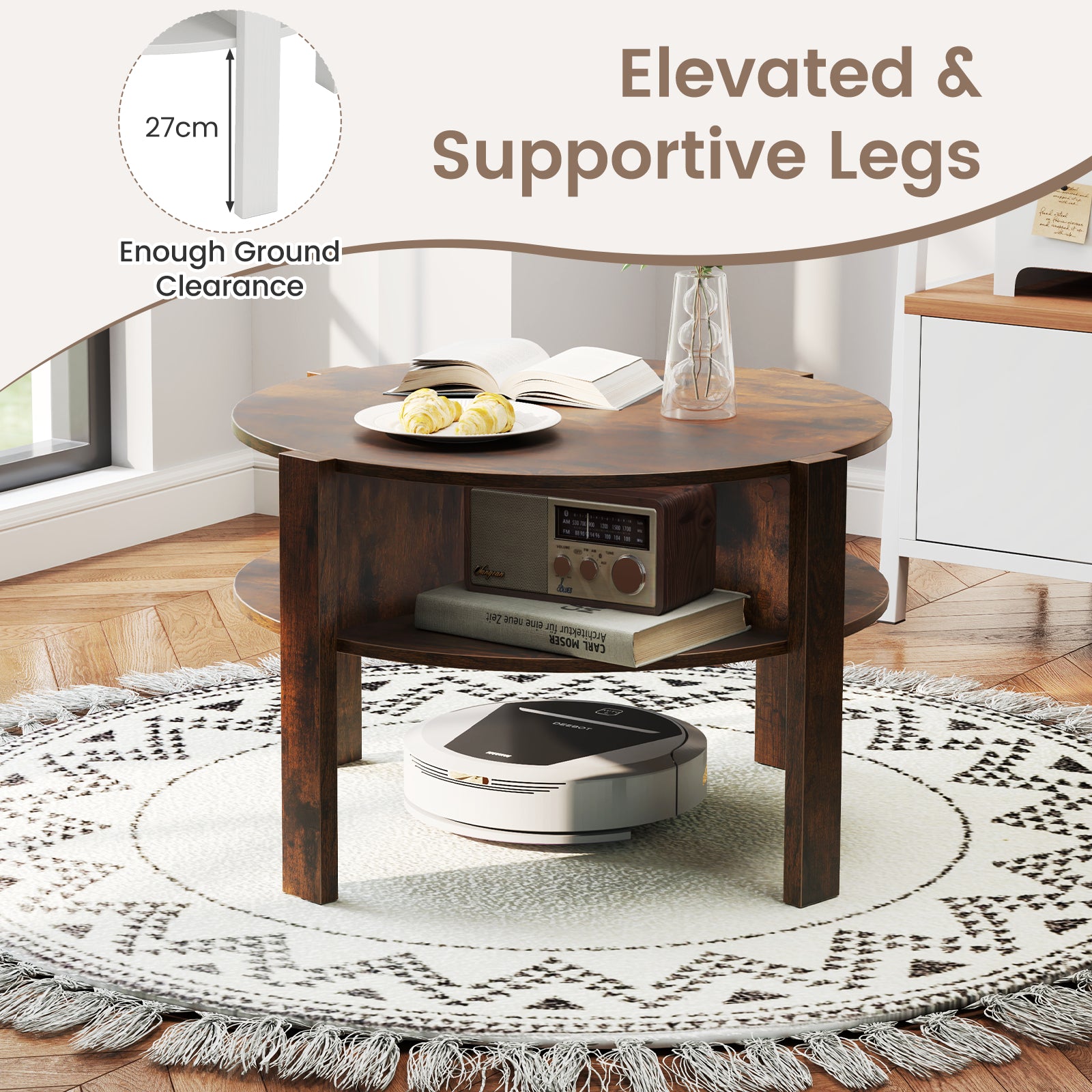 2-Tier Round Coffee Table with 4 Shelves-Rustic Brown