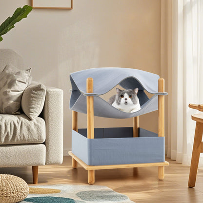2-Tier Wooden Cat House Modern Cat Tree with Semi-enclosed Condo-Grey