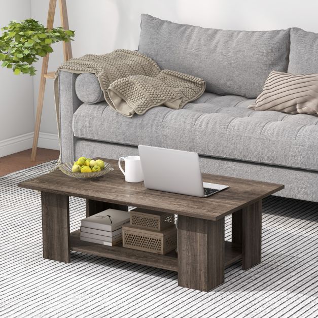 2-Tier Wooden Coffee Table with Storage Shelf and 5 Support Legs-Grey