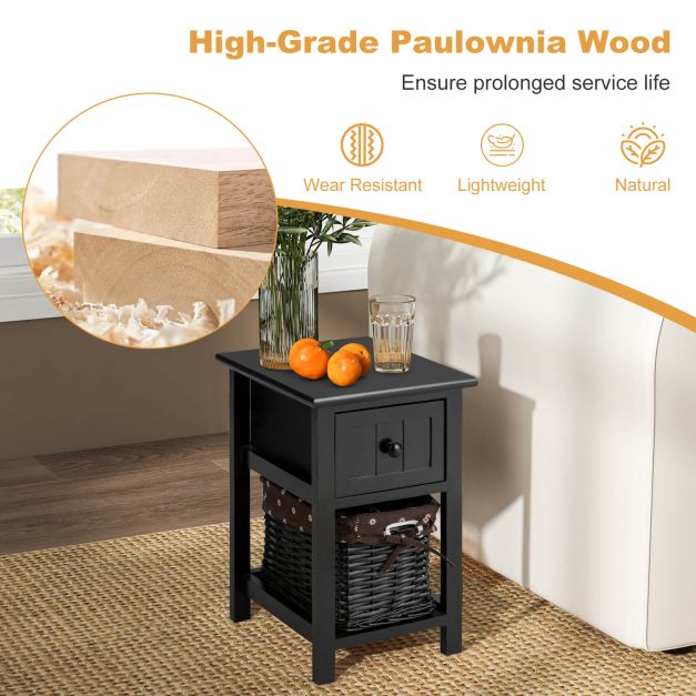 2 Tiers Wood Nightstand with 1 Drawer and 1 Baskets for Home-Black